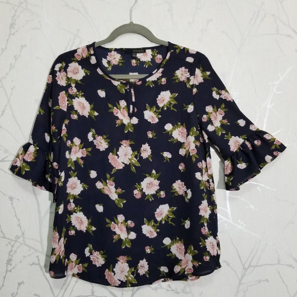 Harve Benard Navy Floral Print Top Flutter Sleeves